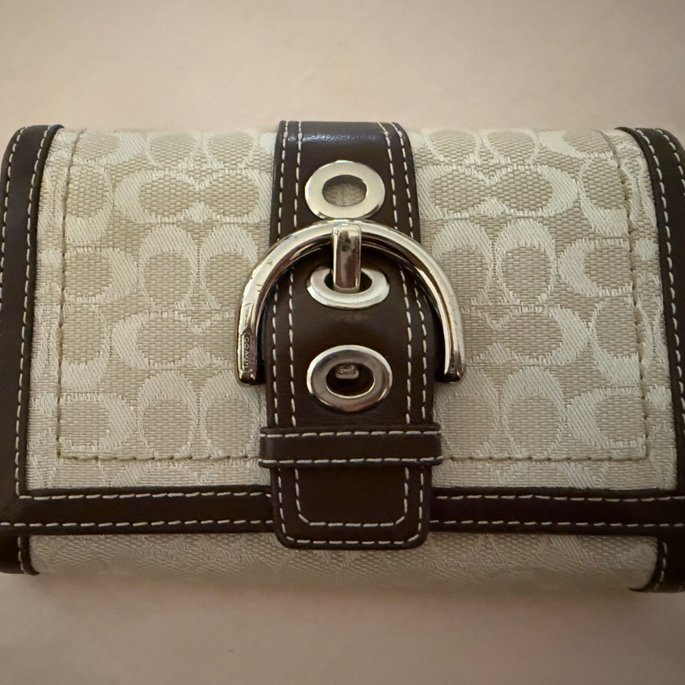 Coach Cream Signature Canvas Wallet with Dark Brown Trim